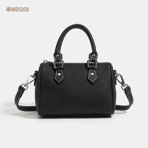 Genuine leather Boston bag in black front view