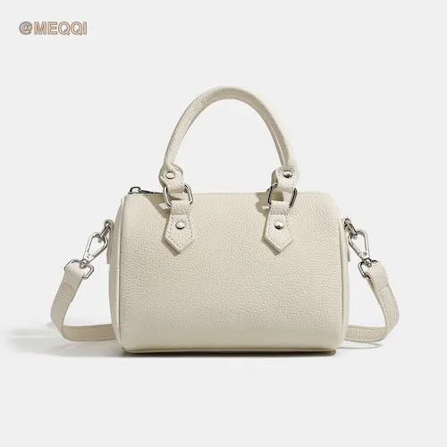 Genuine Leather Boston Bag Cream White