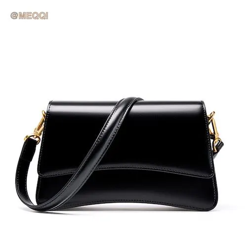 Genuine Leather French Baguette Armpit Bag Black