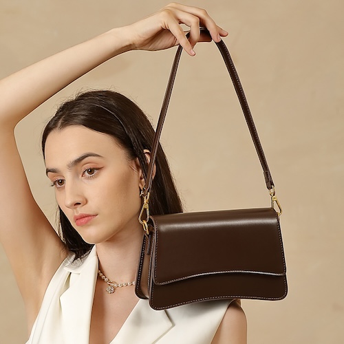 Genuine Leather French Baguette Armpit Bag Dark Coffee