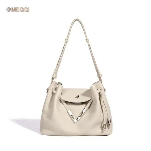 Genuine Leather Tote Bag Simple Cream White