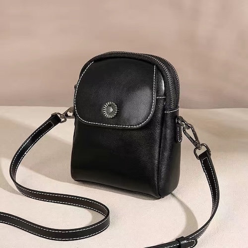 Oiled Leather Vertical Mini Crossbody Bag Black