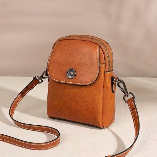 Oiled Leather Vertical Mini Crossbody Bag Caramel