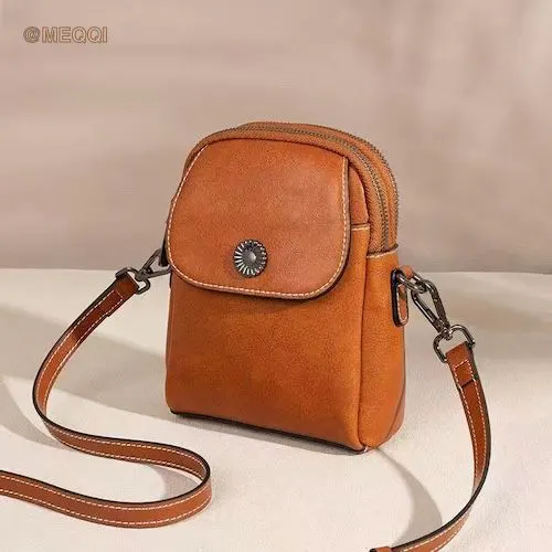 Oiled Leather Vertical Mini Crossbody Bag Caramel