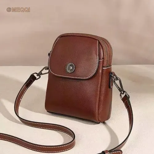 Oiled Leather Vertical Mini Crossbody Bag Coffee