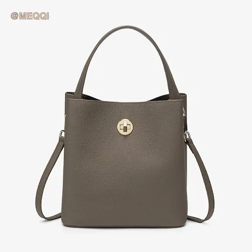 PU leather bucket bag in khaki front view