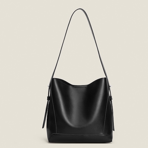 PU leather bucket bag in brown color front view