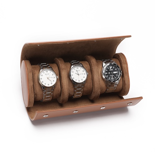 Pu Leather Watch Box 3 Slot Khaki Brown